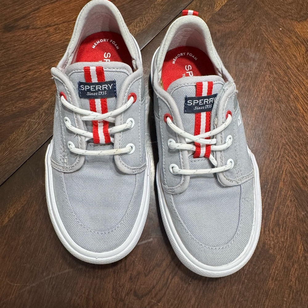Sperry Kids Light Gray Boat Shoes with Red Accents